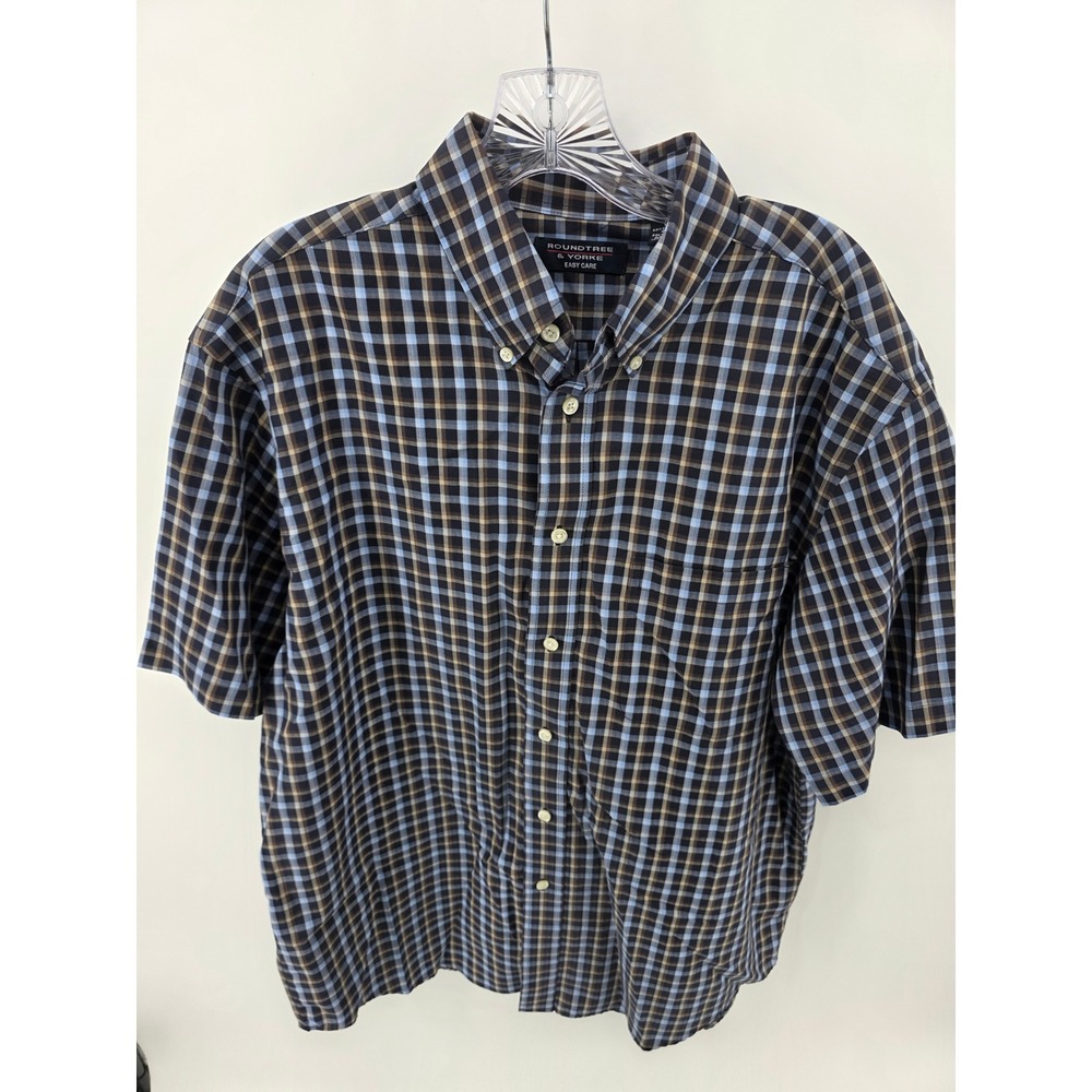 Roundtree & Yorke Mens Blue Brown Plaid Short Sleeve Button Down Shirt Large